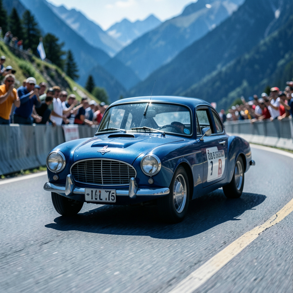 Carro clássico de competição, pintura retro, a acelerar numa estrada de montanha com público nas bermas