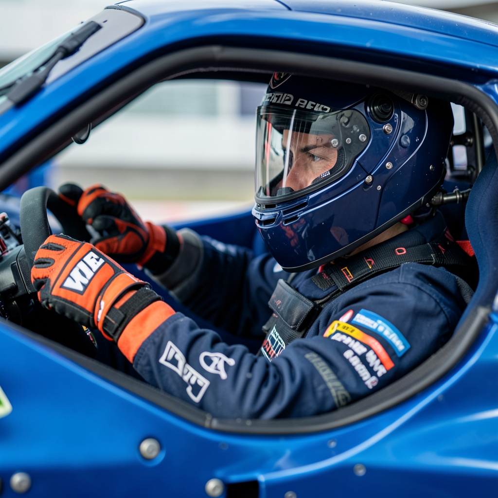 Piloto focado ao volante, capacete e luvas visíveis, interior do carro de competição em detalhe